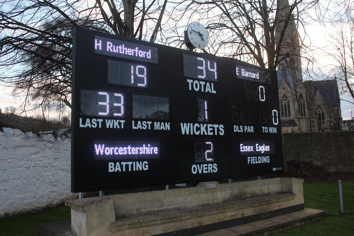 huge electronic cricket scoreboard at Bath CC (Bath Cricket Club). Displaying loads of information such as Team Names, Batter Names and more