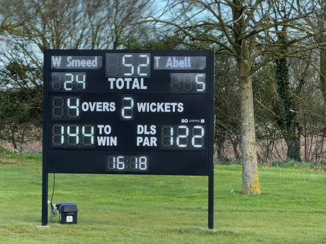 large electronic cricket scoreboard displaying batter names, batter scores and more. Fitted directly onto posts.