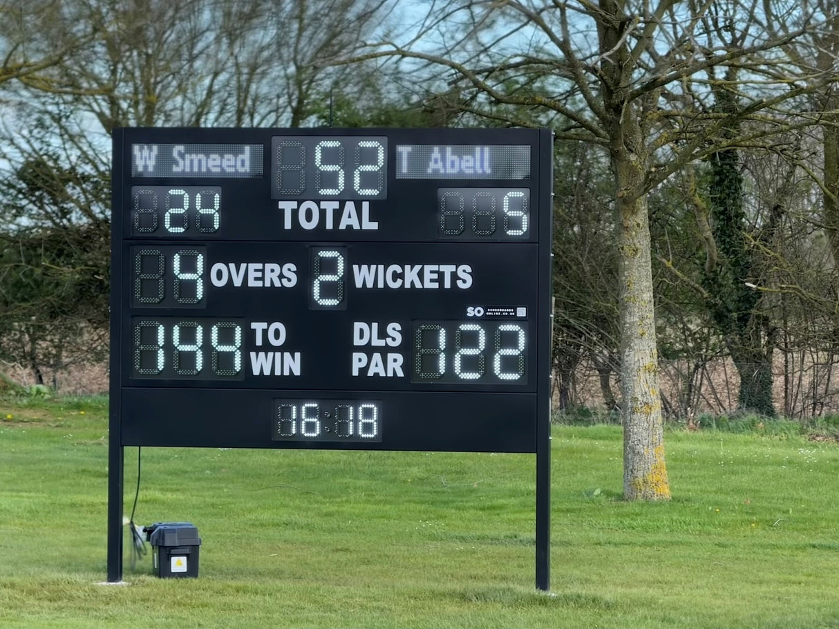 large electronic cricket scoreboard displaying batter names, batter scores and more. Fitted directly onto posts.