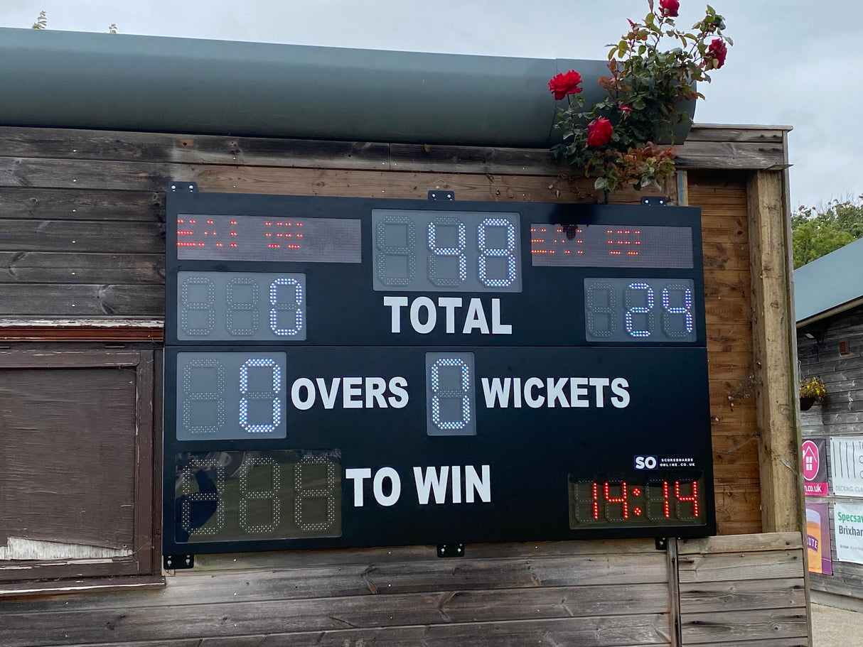 Large electronic scoreboard built for cricket. High intensity, bright LEDs are easily visible,