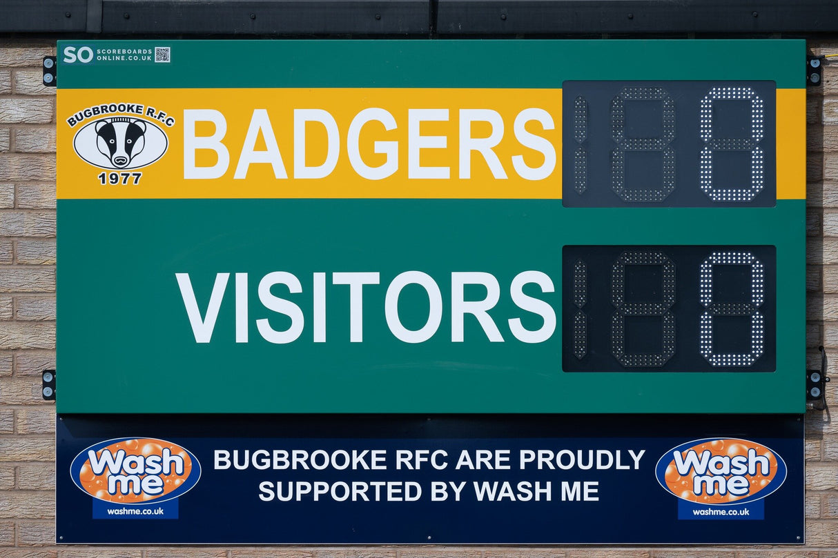 personalised rugby led scoreboard customised for the Bagders. This electronic scoreboard is painted green to match the clubs' branding.