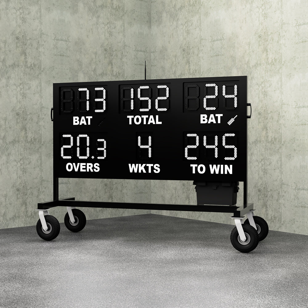 electronic cricket led scoreboard on wheels. A 16 digit cricket scoreboard that displays batter scores, strike indicators, wickets, overs, a ball number and a To Win