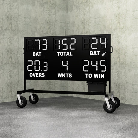 electronic cricket led scoreboard on wheels. A 16 digit cricket scoreboard that displays batter scores, strike indicators, wickets, overs, a ball number and a To Win