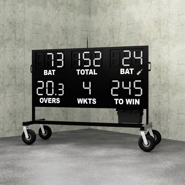 electronic cricket led scoreboard on wheels. A 16 digit cricket scoreboard that displays batter scores, strike indicators, wickets, overs, a ball number and a To Win