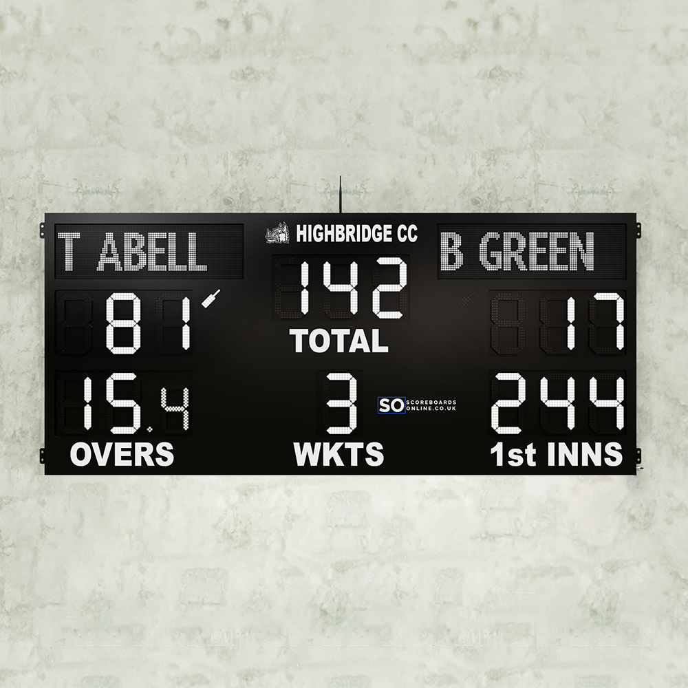 An electronic cricket scoreboard with led digits. This 20 Digit cricket led scoreboard displays batter names, strike indicators, total, overs, wickets and 1st Innings