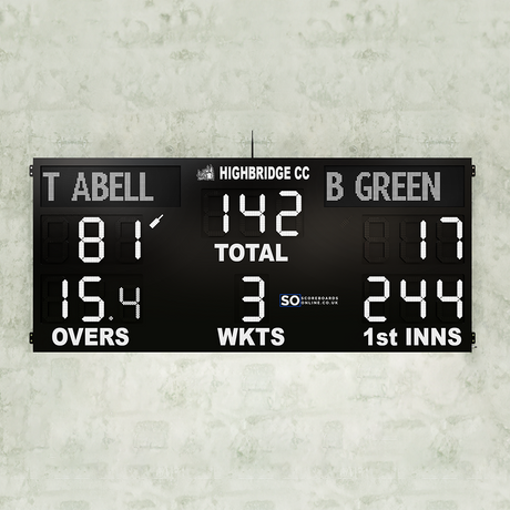 An electronic cricket scoreboard with led digits. This 20 Digit cricket led scoreboard displays batter names, strike indicators, total, overs, wickets and 1st Innings