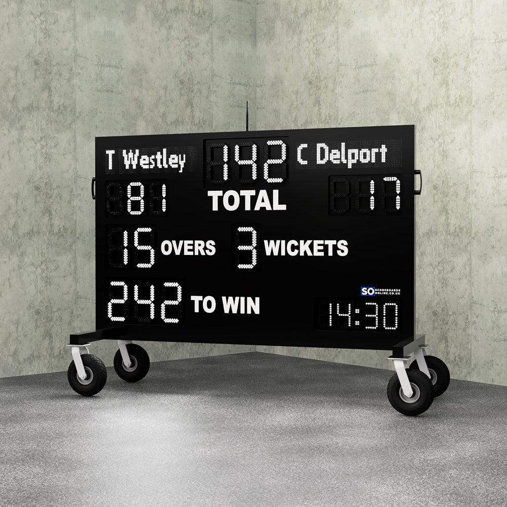 electronic cricket led scoreboard on wheels. 23 digit cricket scoreboard displaying batter names and a clock.