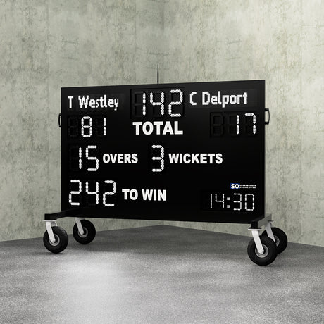 electronic cricket led scoreboard on wheels. 23 digit cricket scoreboard displaying batter names and a clock.