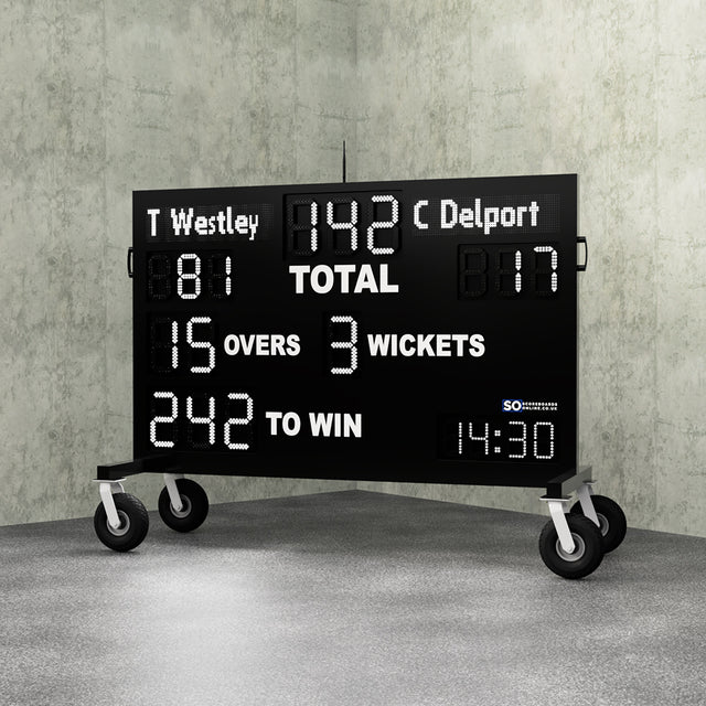 electronic cricket led scoreboard on wheels. 23 digit cricket scoreboard displaying batter names and a clock.