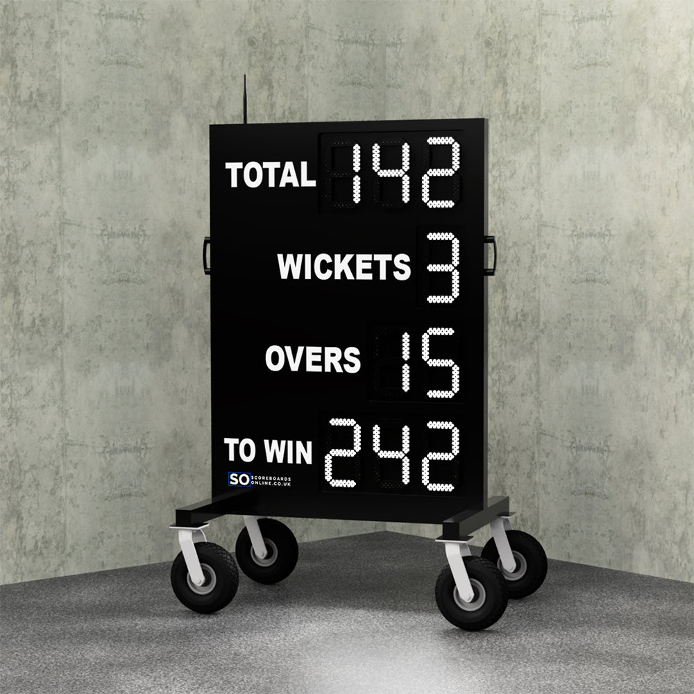 electronic cricket led scoreboard on wheels. 9 digit cricket scoreboard that displays total, wickets, overs and a to win.