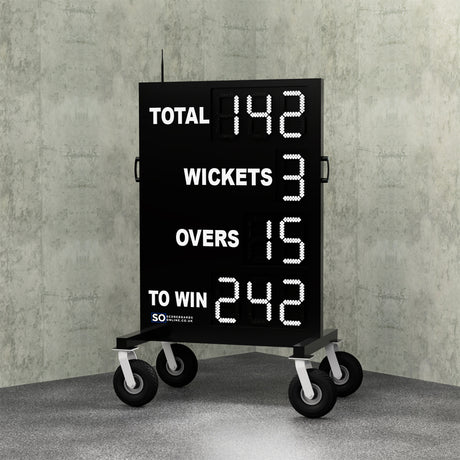 electronic cricket led scoreboard on wheels. 9 digit cricket scoreboard that displays total, wickets, overs and a to win.