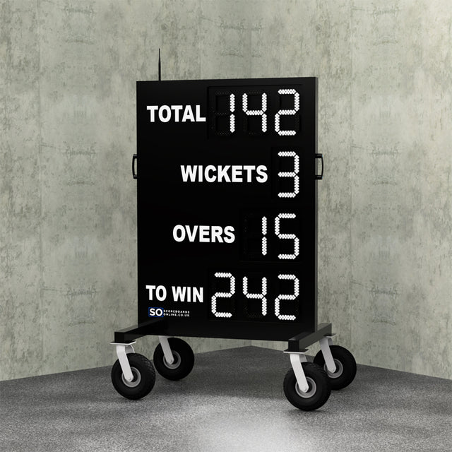 electronic cricket led scoreboard on wheels. 9 digit cricket scoreboard that displays total, wickets, overs and a to win.