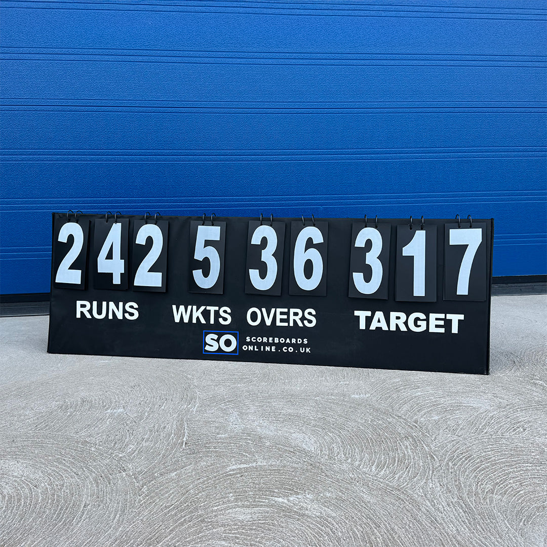 Manual cricket tabletop scoreboard, displays runs, wickets, overs and a target. Easy flip numbers.