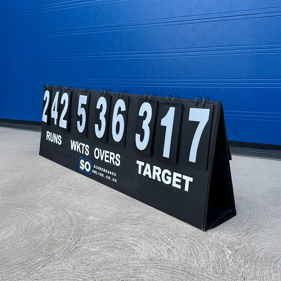 Manual cricket tabletop scoreboard, displays runs, wickets, overs and a target. Easy flip numbers.