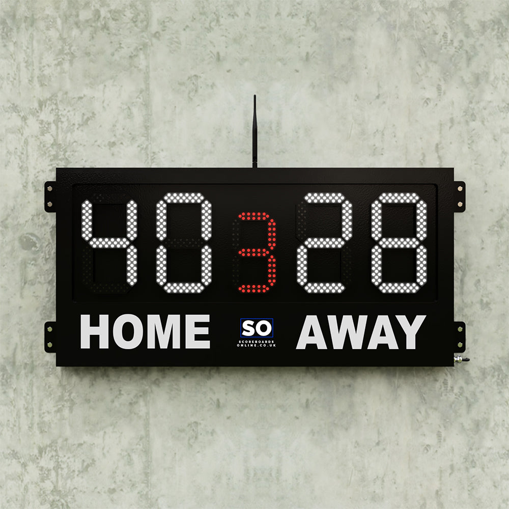 5 digit home and away scoreboard with a period. LED scores and LED period digit available in a wide selection of colours.