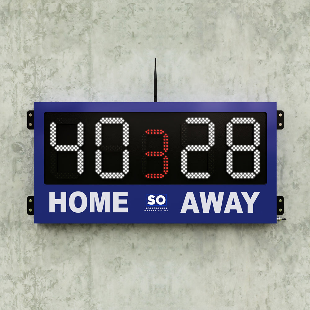a blue 5 digit home and away scoreboard with a period. LED scores and LED period digit available in a wide selection of colours.