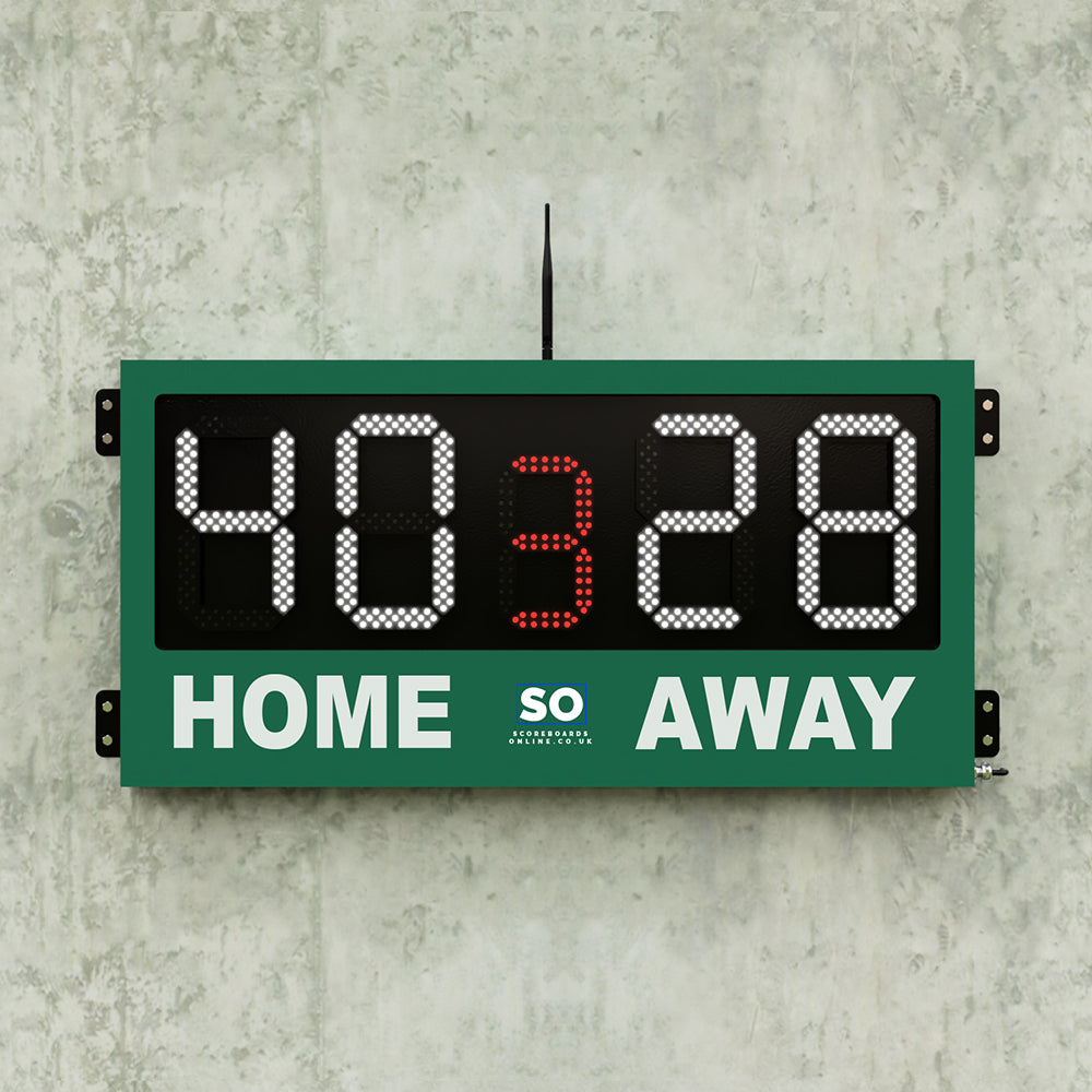 a green 5 digit home and away scoreboard with a period. LED scores and LED period digit available in a wide selection of colours.