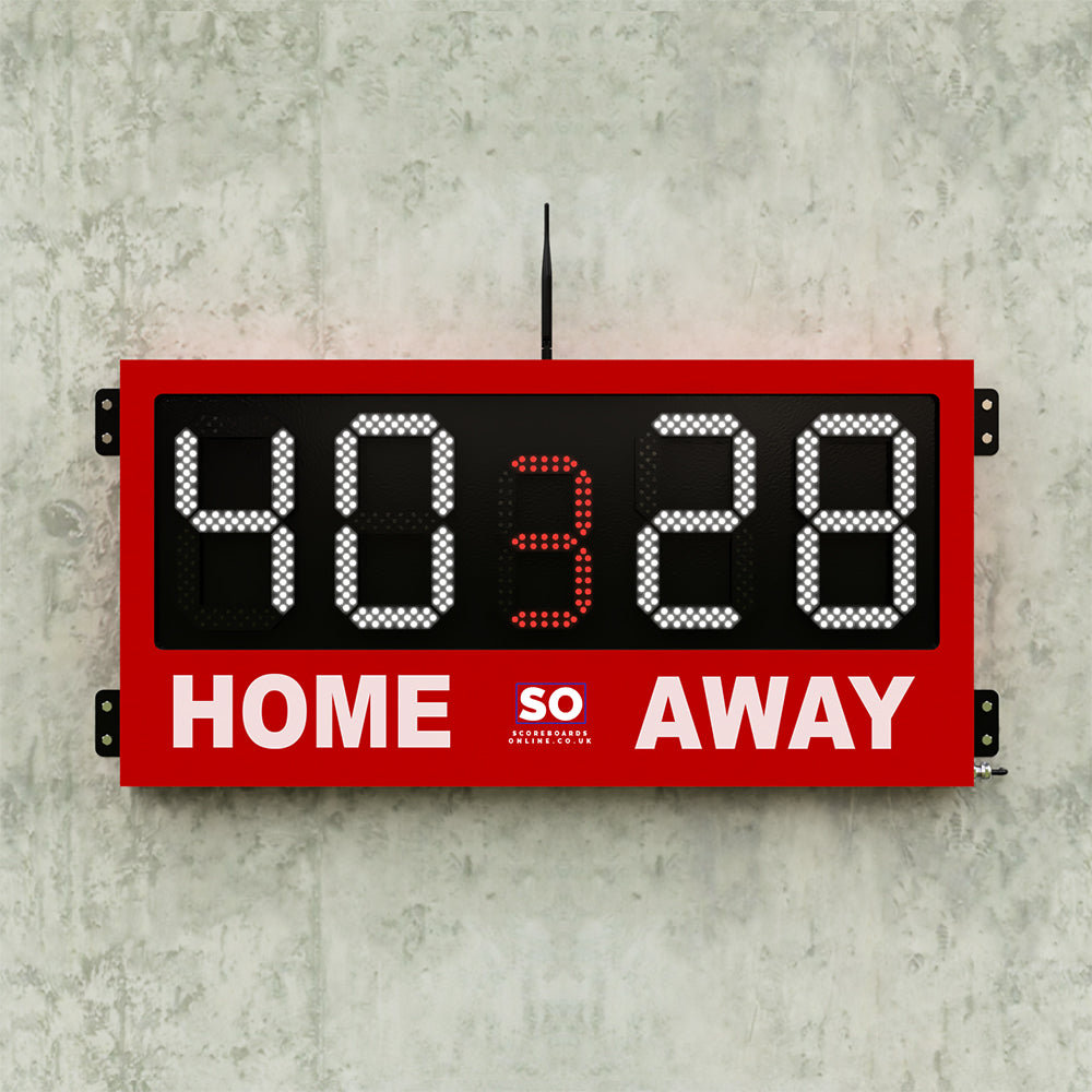 a red 5 digit home and away scoreboard with a period. LED scores and LED period digit available in a wide selection of colours.