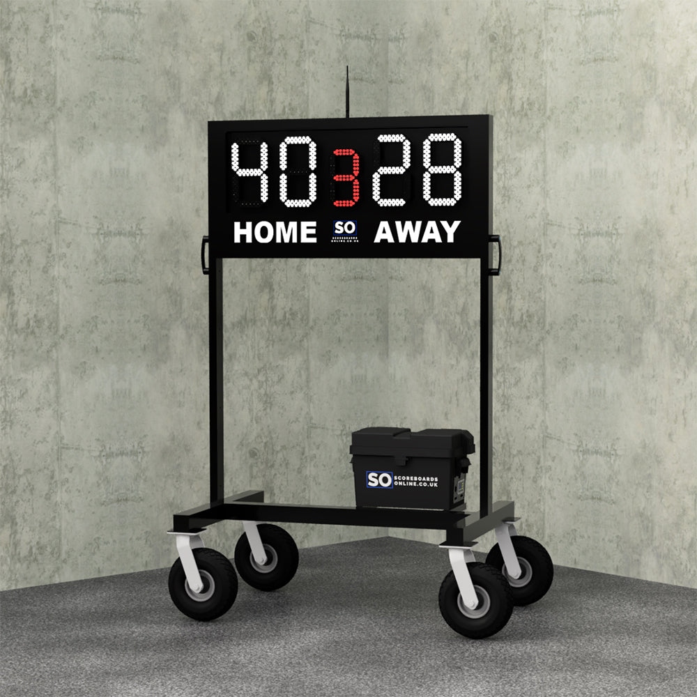 5 digit home and away scoreboard on wheels with a period. LED scores and LED period digit available in a wide selection of colours.