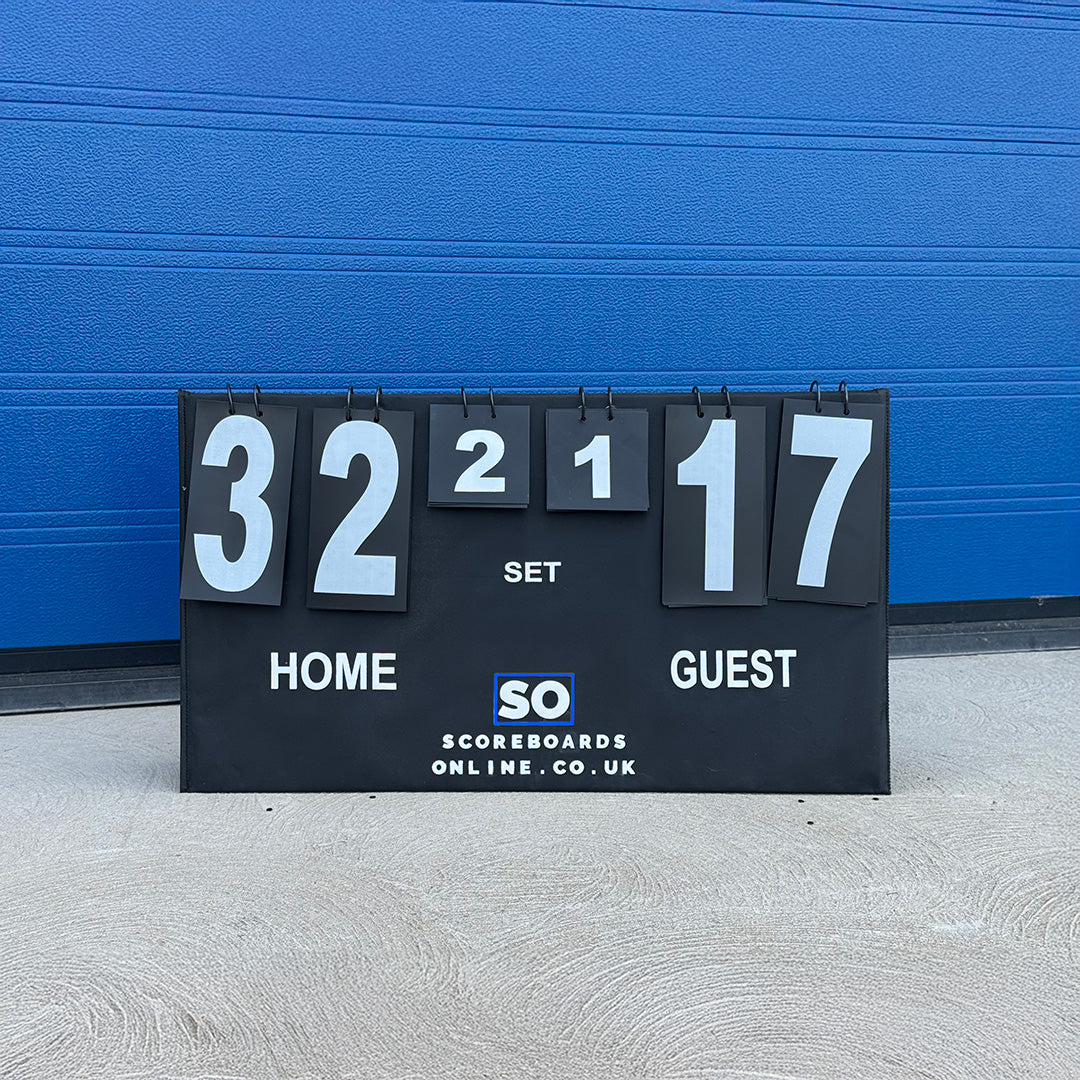Manual home and away flip scoreboard with home and away scores. Easy tabletop scoreboard