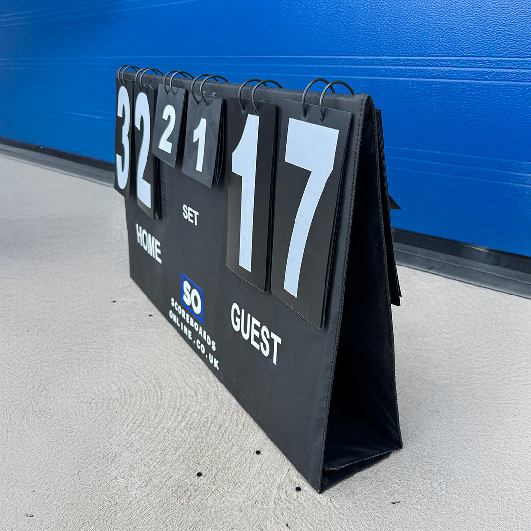 Manual home and away flip scoreboard with home and away scores. Easy tabletop scoreboard
