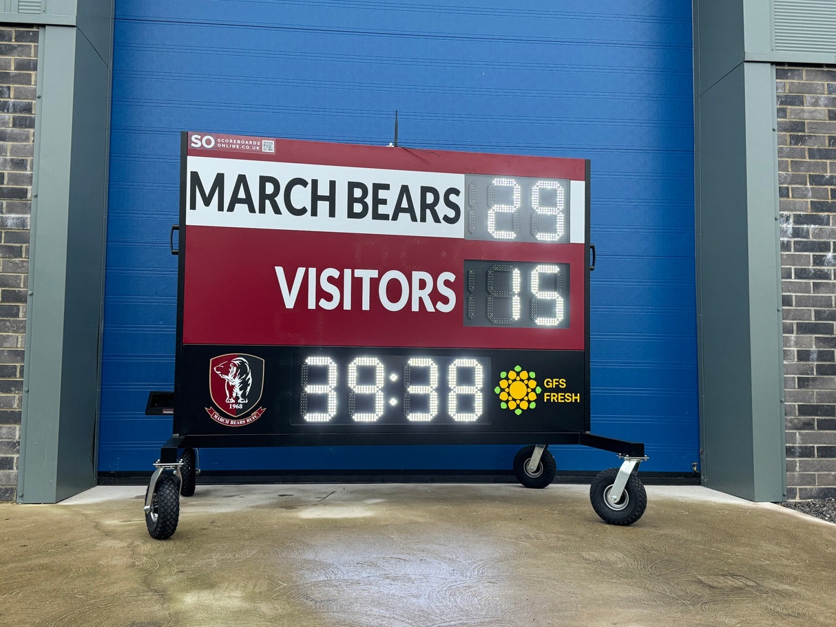 a personalised LED rugby scoreboard that includes the club's badge, colours and sponsor's logo. This includes Home & Away Scores in LED digits and a timer module.