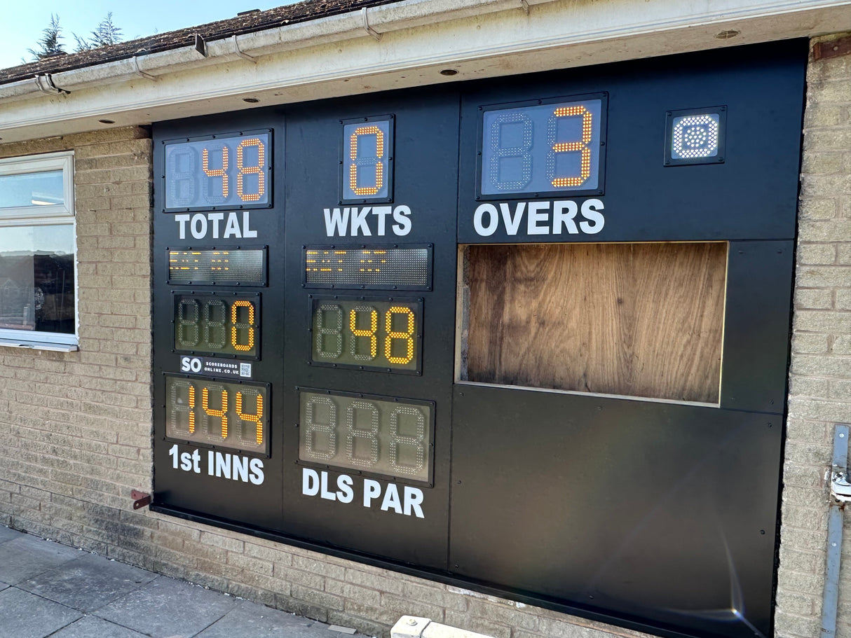 custom led cricket scoreboard designed for Thorncliffe & Wentworth CC. Super bright amber LED digits.