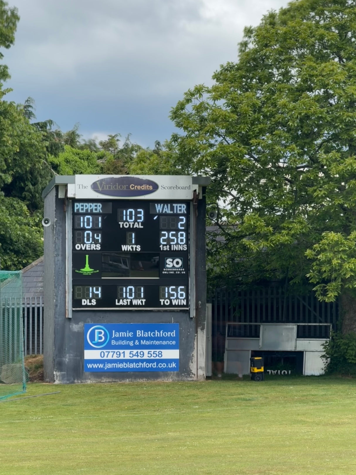 large custom cricket scoreboard for Callington Cricket Club (Callington CC). Built using a 29 Digit Cricket Scoreboard