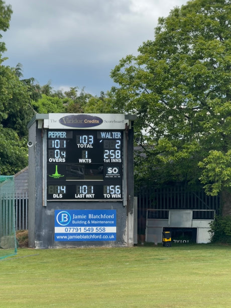 large custom cricket scoreboard for Callington Cricket Club (Callington CC). Built using a 29 Digit Cricket Scoreboard
