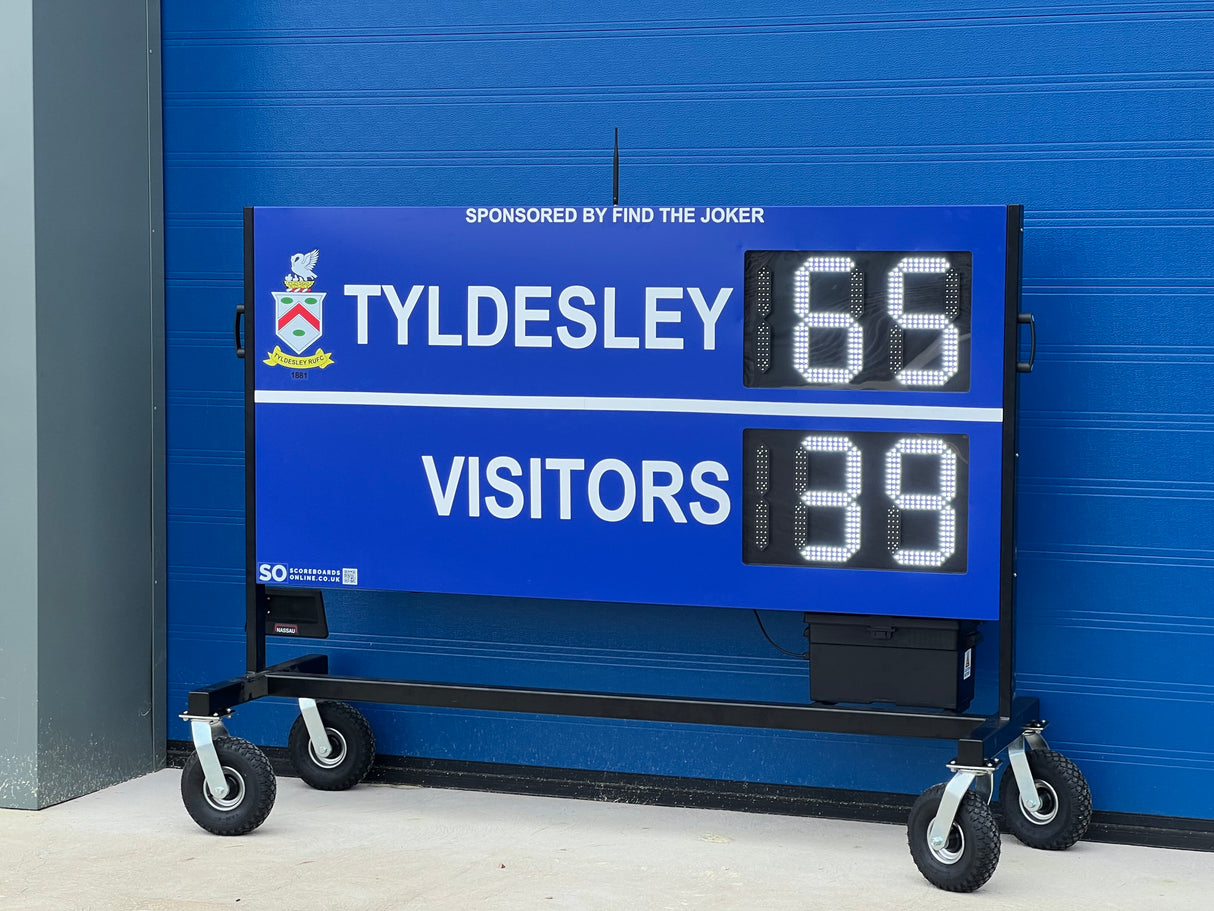 personalised rugby scoreboard on a mobile trolley and battery powered. Customised LED rugby scoreboard for Tyldesley RUFC
