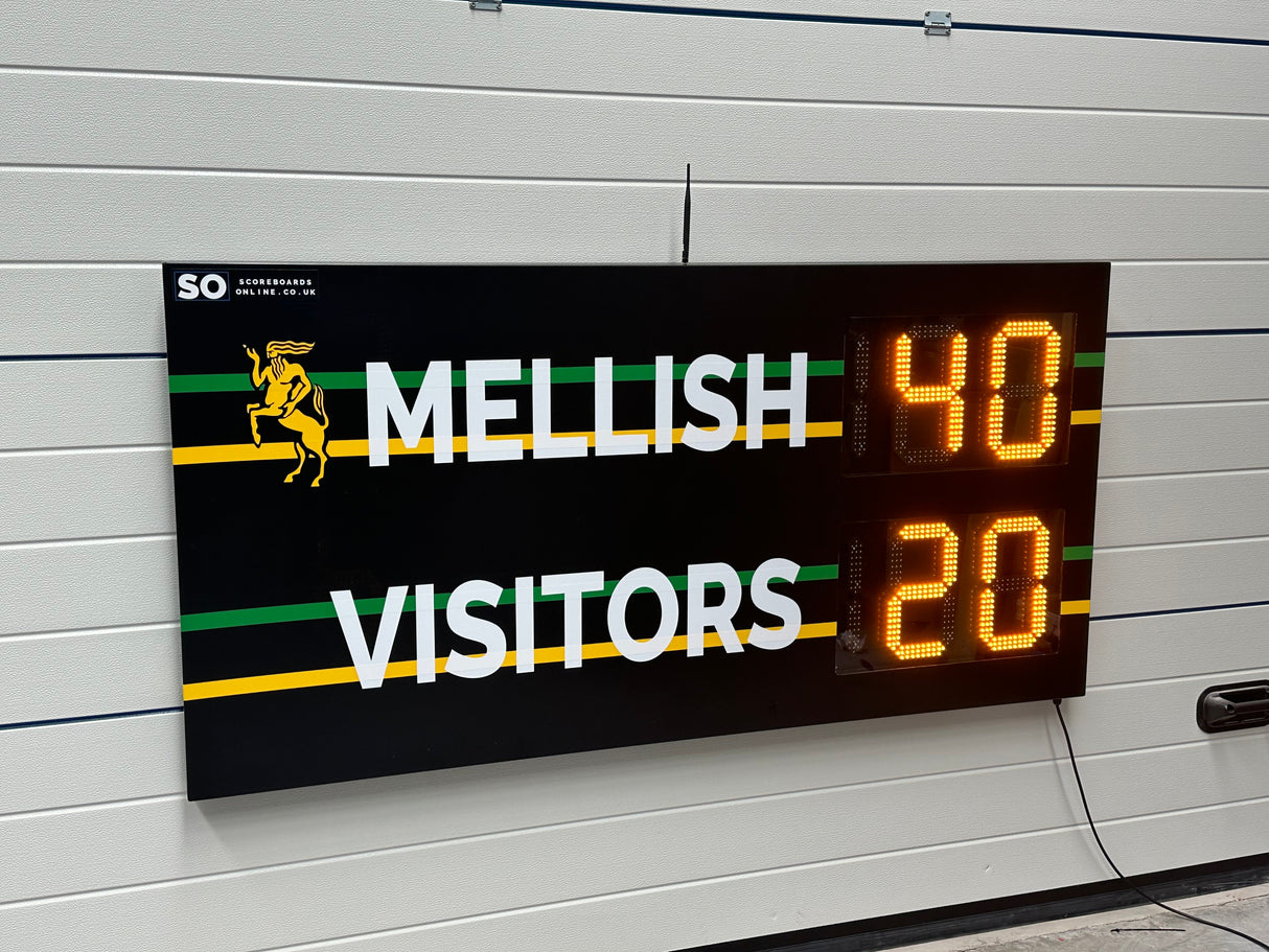 Digital scoreboard displaying 'Mellish' and 'Visitors' with high-intensity LED digits