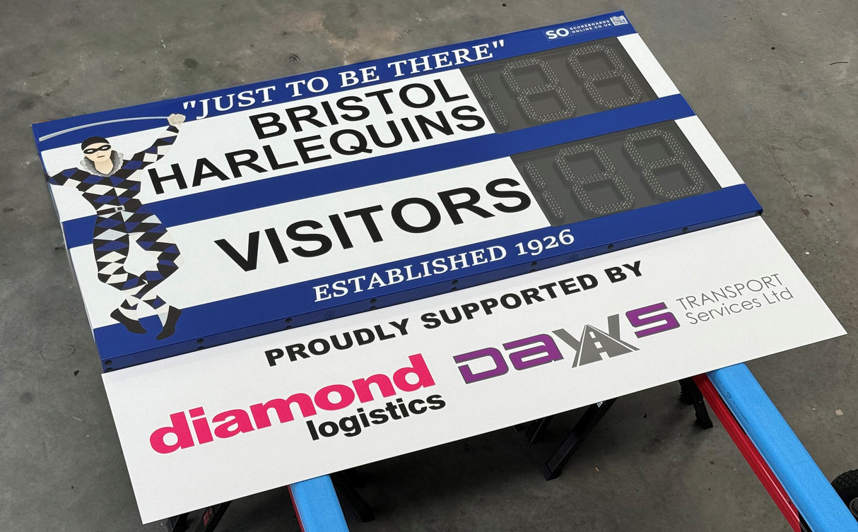 Bristol Harlequins electronic rugby scoreboard customised to match their branding. High-intensity LED digits