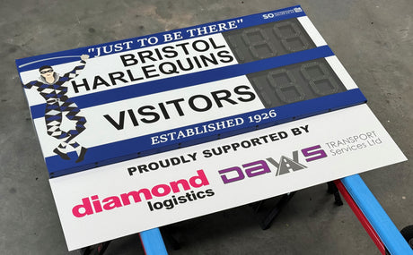 Bristol Harlequins electronic rugby scoreboard customised to match their branding. High-intensity LED digits