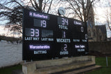 huge electronic cricket scoreboard at Bath CC (Bath Cricket Club). Displaying loads of information such as Team Names, Batter Names and more