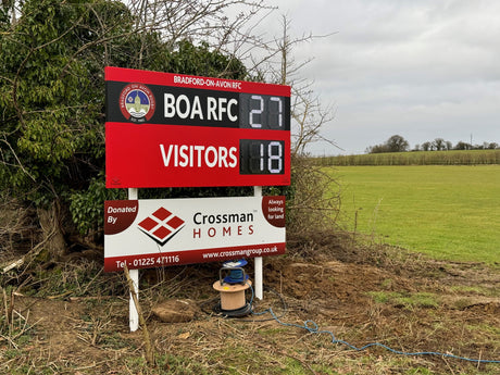 a personalised led rugby scoreboard for Bradford-on-Avon RFC. Custom powder coating and high-intensity LED digits for the scores.