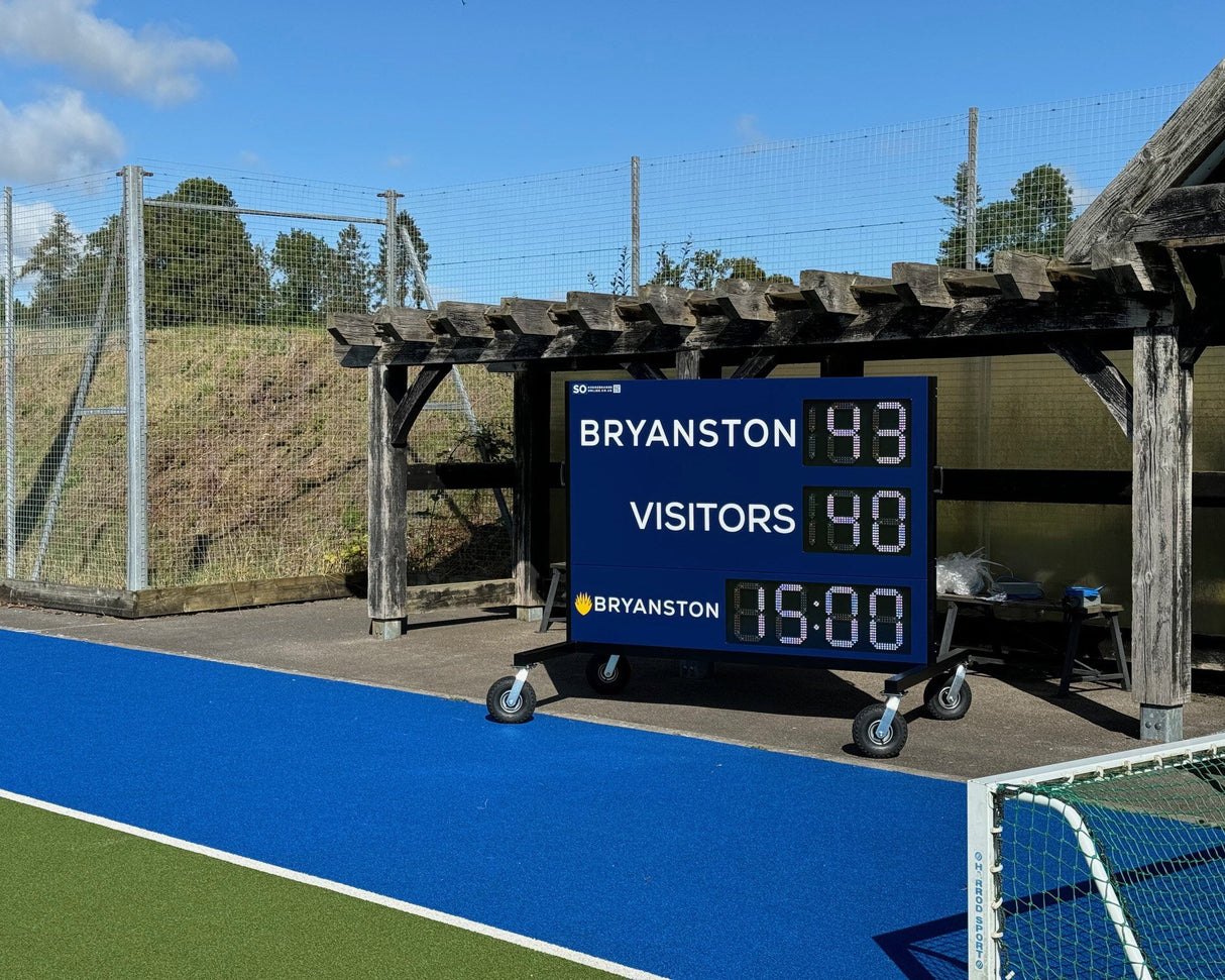 Mobile electronic LED hockey scoreboard for Bryanston School. Personalized to match their branding 
