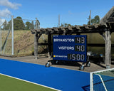 Mobile electronic LED hockey scoreboard for Bryanston School. Personalized to match their branding 