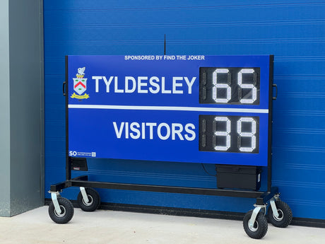 personalised rugby scoreboard on a mobile trolley and battery powered. Customised LED rugby scoreboard for Tyldesley RUFC