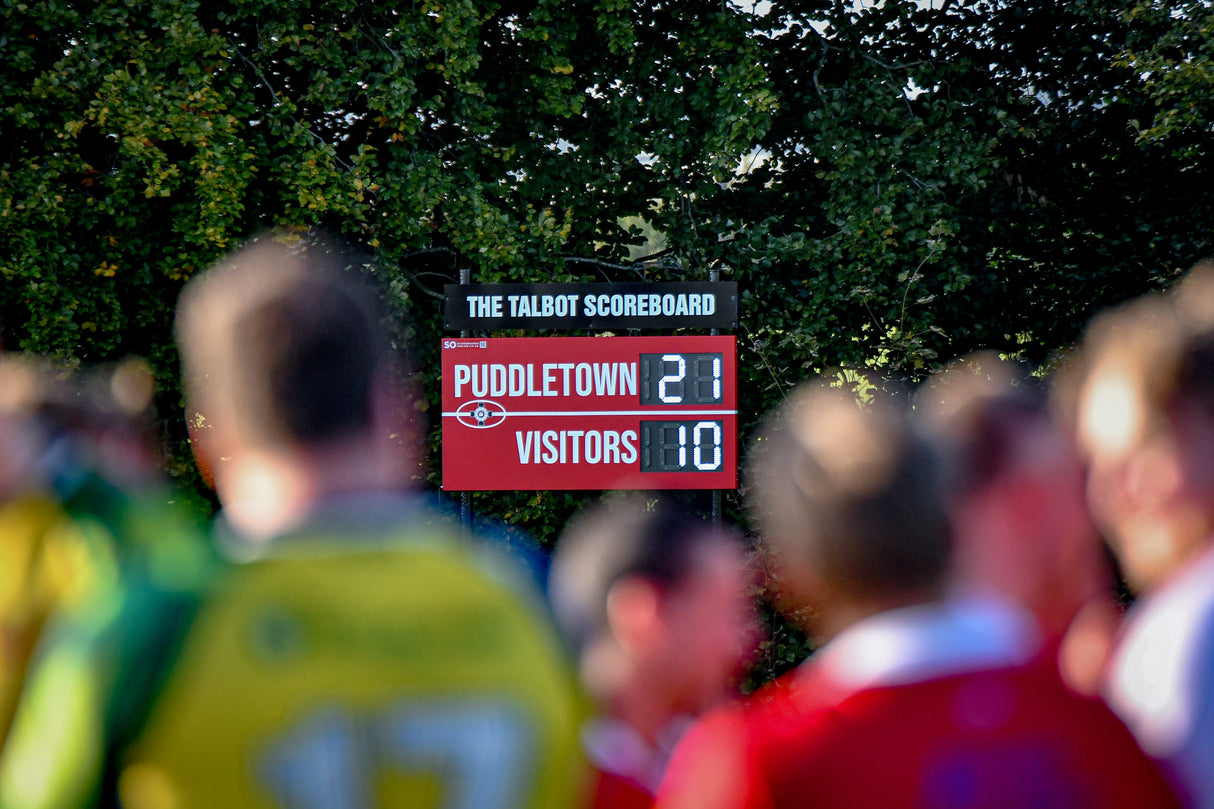LED rugby scoreboard for Puddletown RFC. Personalised to include their club colours and logo.