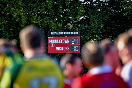 LED rugby scoreboard for Puddletown RFC. Personalised to include their club colours and logo.